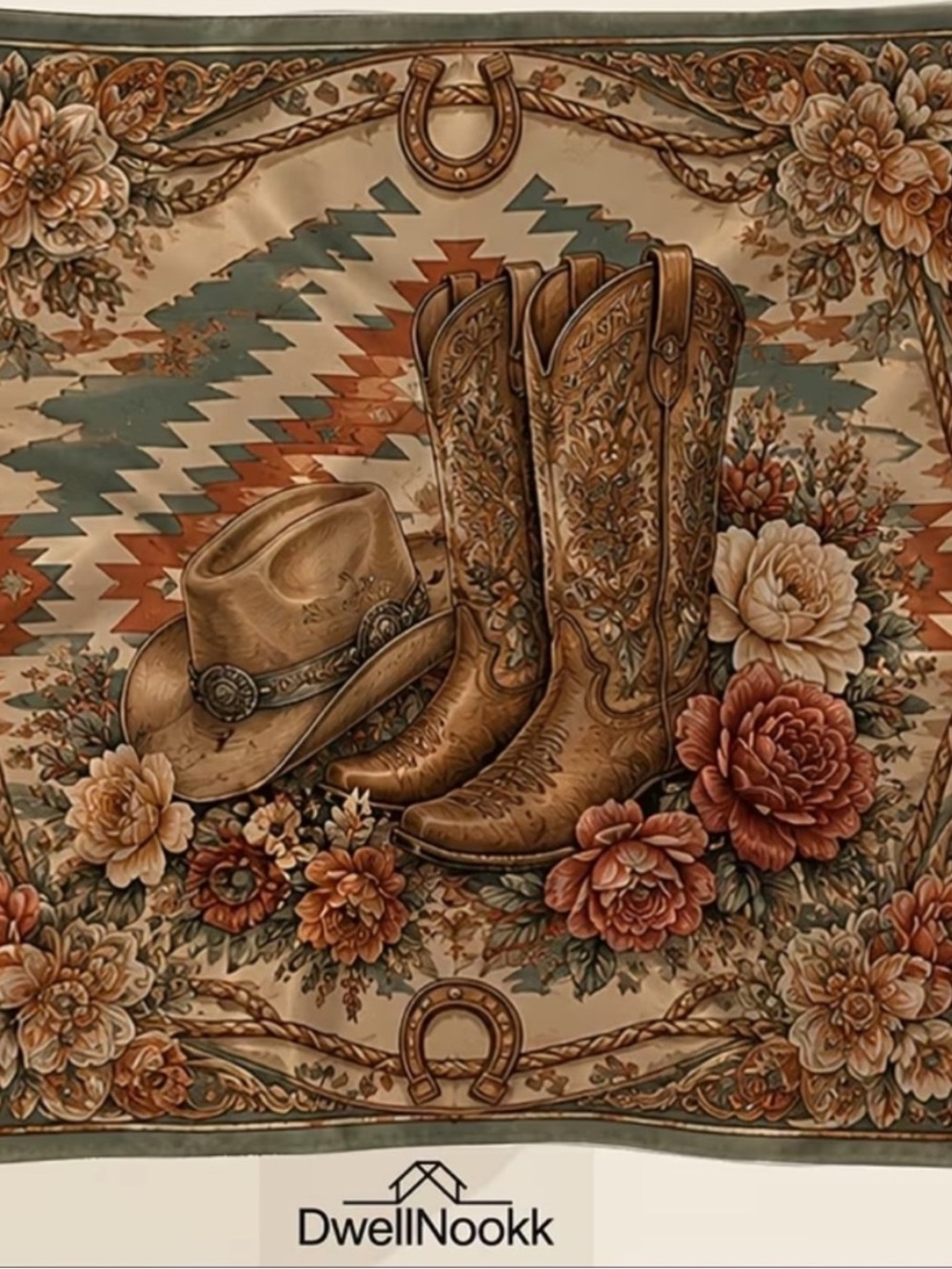 Western Cowboy Boots & Hat Decorative Scarf - Beige, Brown, Teal | 35.83”